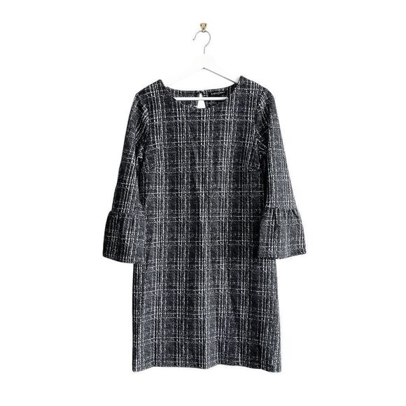 Banana Republic Womens Plaid Shift Dress Bell Sleeves Black White 6 - Picture 1 of 6
